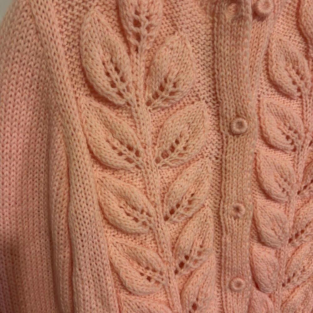 Vintage Handmade By Hazel Peach Pink Leaf Cable Knit Cardigan Cottagecore M/L - Picture 2 of 7